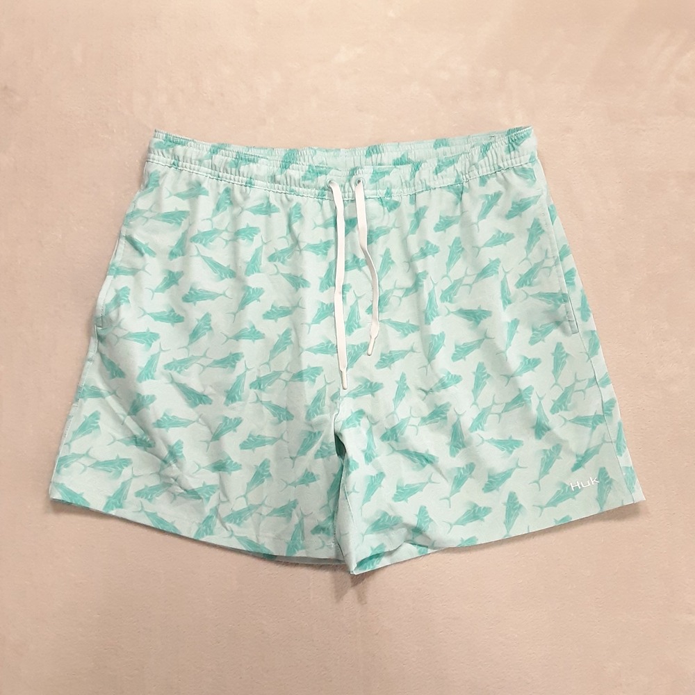 Huk Men's Pursuit Volley Rooster Wake Swim Shorts XL Blue Island Paradise Mesh